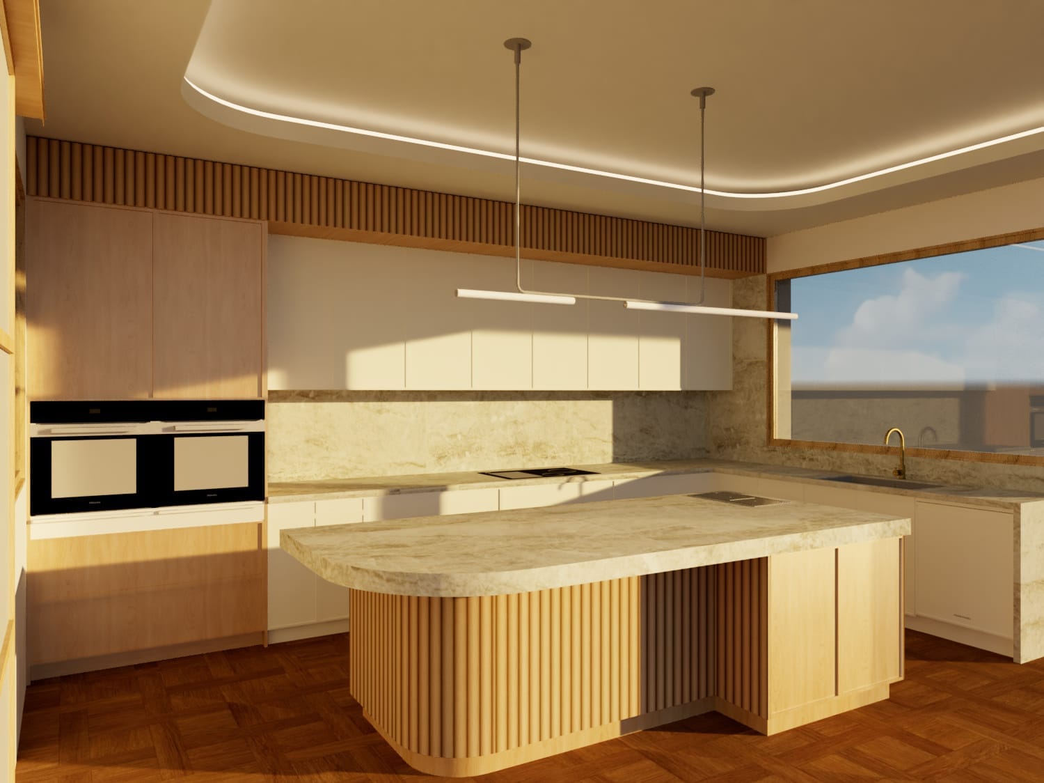 Luma Developments A modern kitchen features wooden cabinetry, marble countertops, double ovens, a large island, recessed ceiling lights, and a large window.