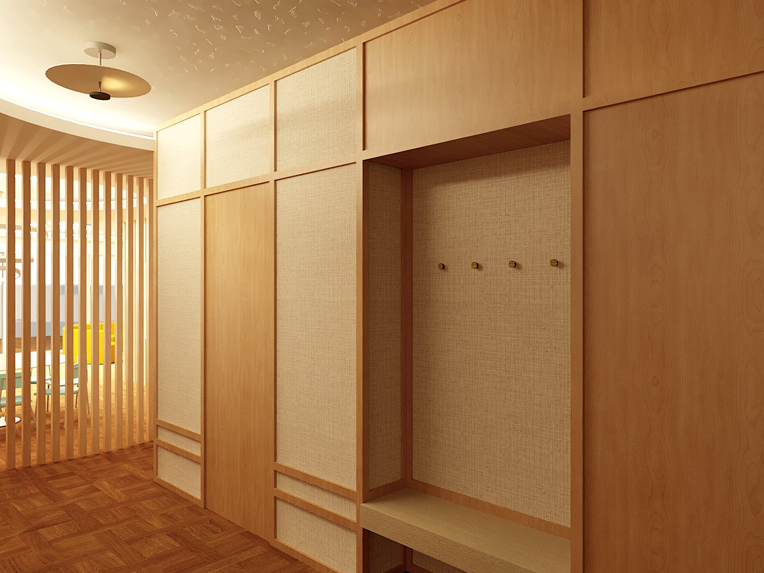 Luma Developments A light brown wooden locker room features built-in storage units, a bench, wall hooks, a slatted partition, parquet flooring, and ceiling lighting.