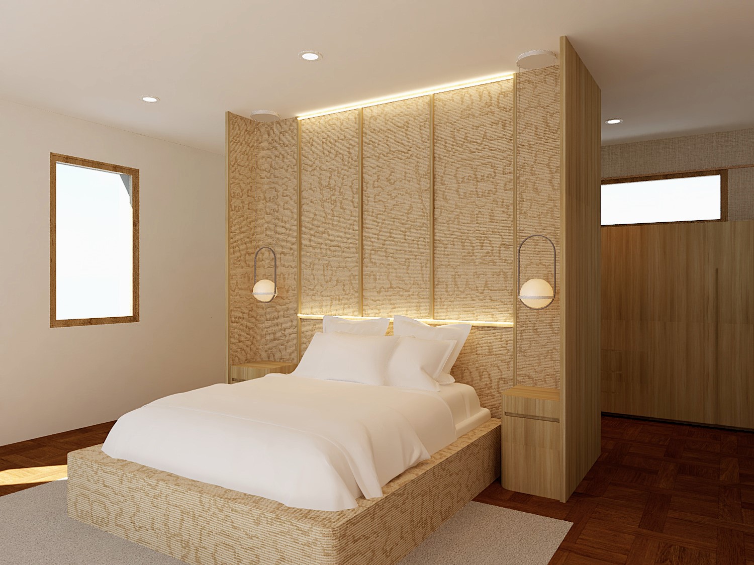 Luma Developments A modern bedroom featuring a large bed with an illuminated headboard, pendant lights, textured wallpaper, wooden accents, and a left-wall window.