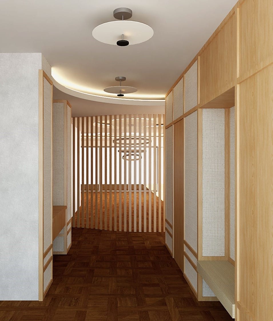 Luma Developments A modern hallway features wooden paneling, parquet flooring, and leads to a room accented with vertical wooden slats and white circular ceiling lights.